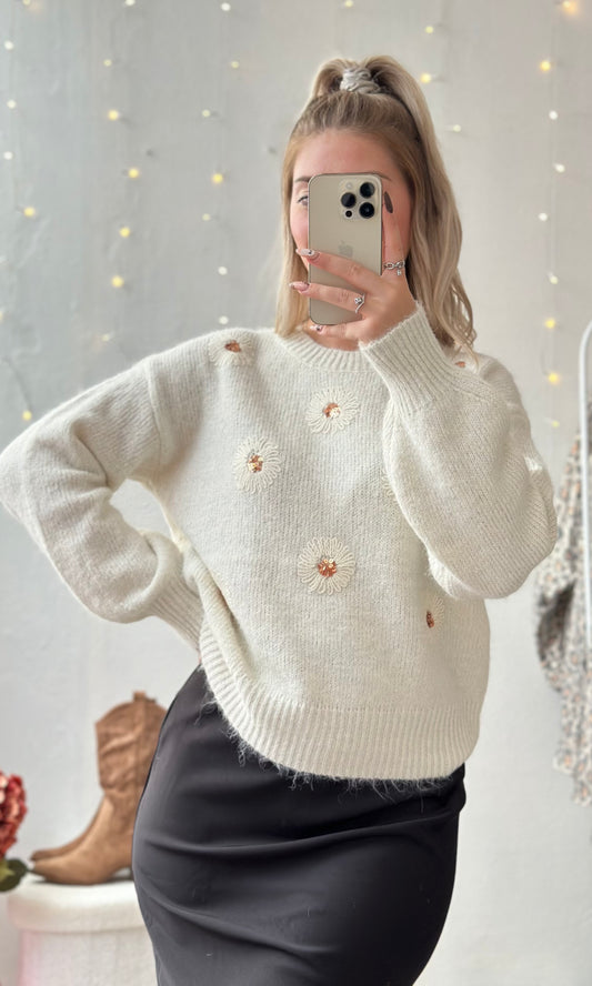 Pull blanc fleurs CAPUCINE